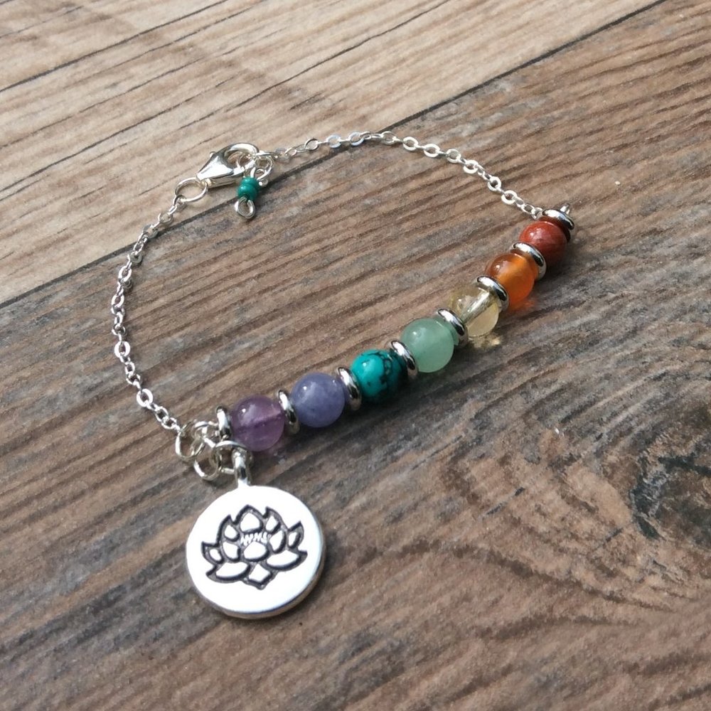 Chakra bracelet, Sterling silver, Lotus bracelet, Healing bracelet
